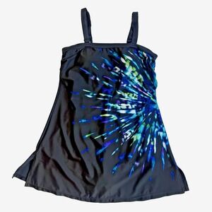 Maxine of Hollywood Slimming Shaping Swimsuit Swim Dress Women L 14 Black Blue